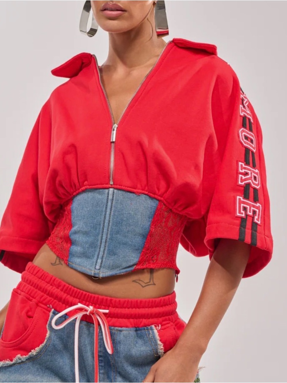 NWT AKIRA Red Cropped Zip-Front oversized Top with Denim Corset